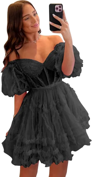 POMUYOO Women's Puffy Sleeve Short Homecoming Dresses Corset Tiered Tulle Prom Ball Gown YG242