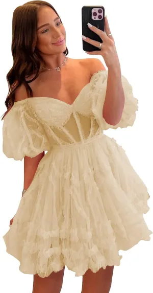 POMUYOO Women's Puffy Sleeve Short Homecoming Dresses Corset Tiered Tulle Prom Ball Gown YG242