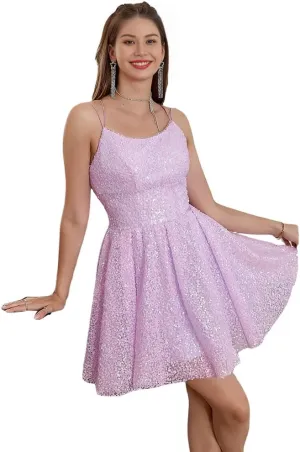 Prom Dress Short Sequined Spaghetti Straps Above Knee Length Sparkly Homecoming Dress