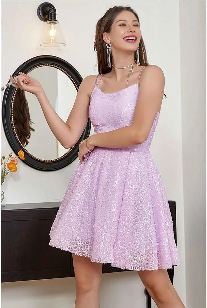 Prom Dress Short Sequined Spaghetti Straps Above Knee Length Sparkly Homecoming Dress