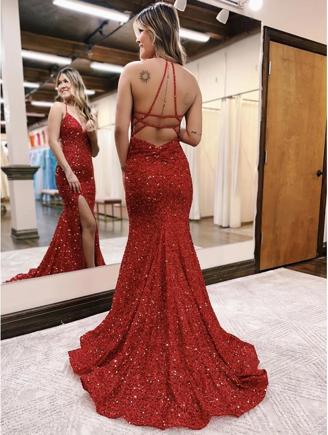 Prom Dresses Sparkle Shine Dress Formal Wedding Guest Train Sleeveless V Neck Backless Evening Dress with Sequin Slit
