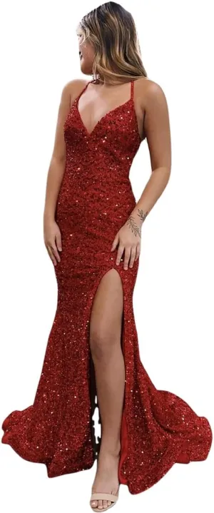 Prom Dresses Sparkle Shine Dress Formal Wedding Guest Train Sleeveless V Neck Backless Evening Dress with Sequin Slit