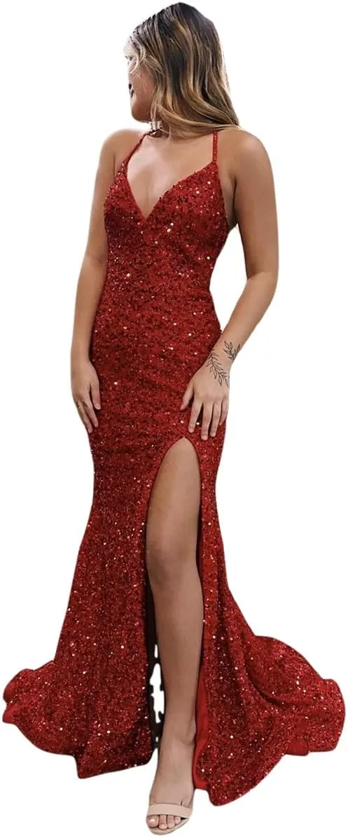 Prom Dresses Sparkle Shine Dress Formal Wedding Guest Train Sleeveless V Neck Backless Evening Dress with Sequin Slit