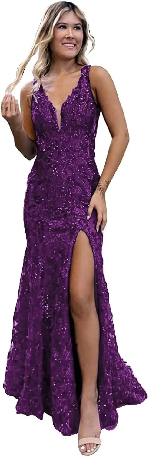 Prom Dresses Sparkle Shine Long Formal Wedding Party Evening Dress for Women Sleeveless V Neck Backless with Sequin