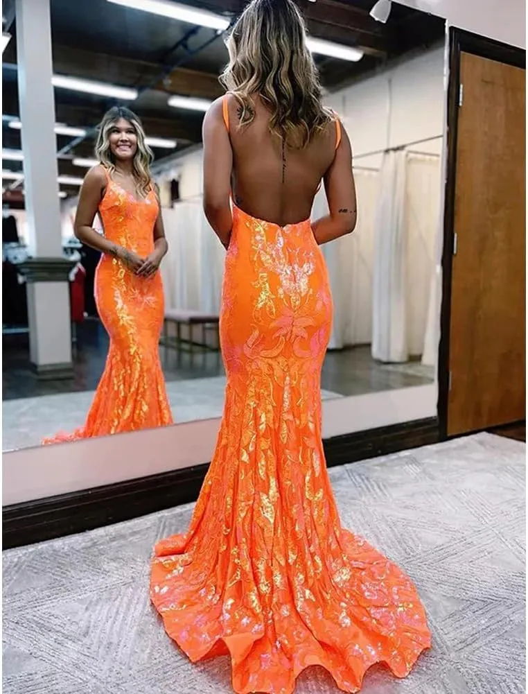 Prom Dresses with Sequin Mermaid Evening Dresses Long Prom Gowns Split Backless Sequins Formal Dresses for Women