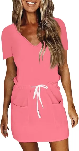 PTOLOCIF Sundresses for Women 2025 Casual Boho Dress V Neck Sleeveless Tank Dress Trendy a Line Pleated Flowy Mini Sundress