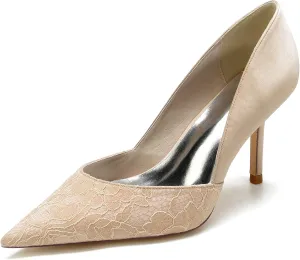 Pumps for Women Pointed Toe Stiletto High Heels Lace Satin Slip-On Wedding Shoes Ideal for Business Office Dress Weddings Fashion Events,Champagne,9