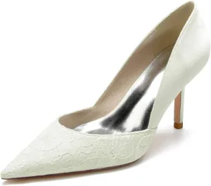 Pumps for Women Pointed Toe Stiletto High Heels Lace Satin Slip-On Wedding Shoes Ideal for Business Office Dress Weddings Fashion Events,Ivory,7