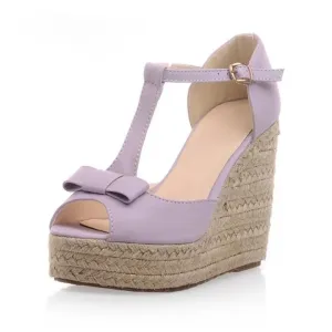 Purple T-Strap Wedge Heel Sandal