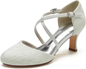 Roimaash Vintage Flower Satin Wedding Pumps Round Toe Criss Cross