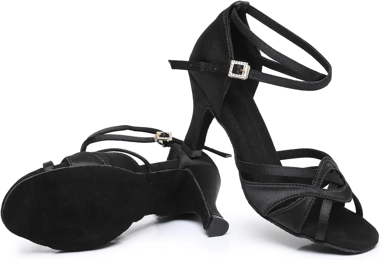 Rosefinch Women's Latin Dance Shoes Satin Professional Ballroom Salsa Practice Performance Wedding Dancing Shoes