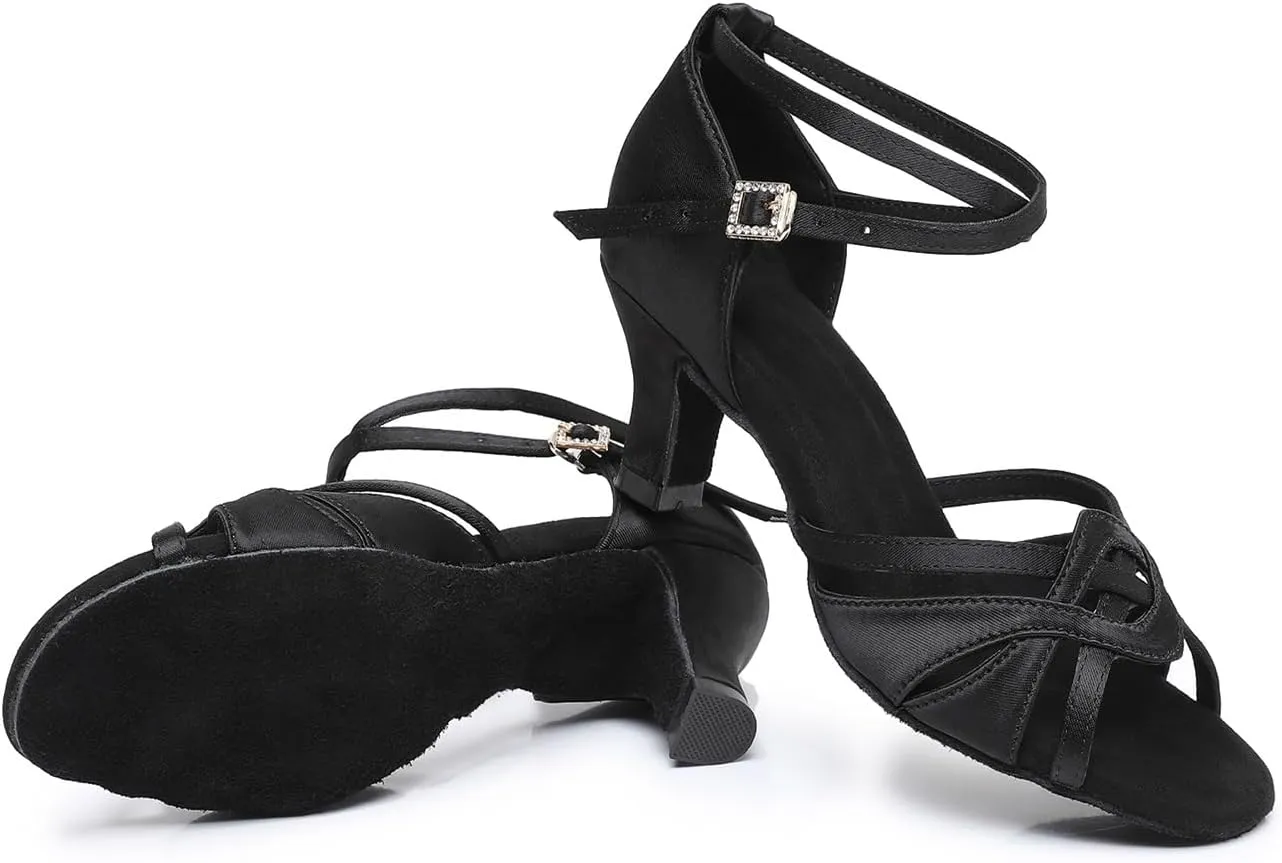 Rosefinch Women's Latin Dance Shoes Satin Professional Ballroom Salsa Practice Performance Wedding Dancing Shoes