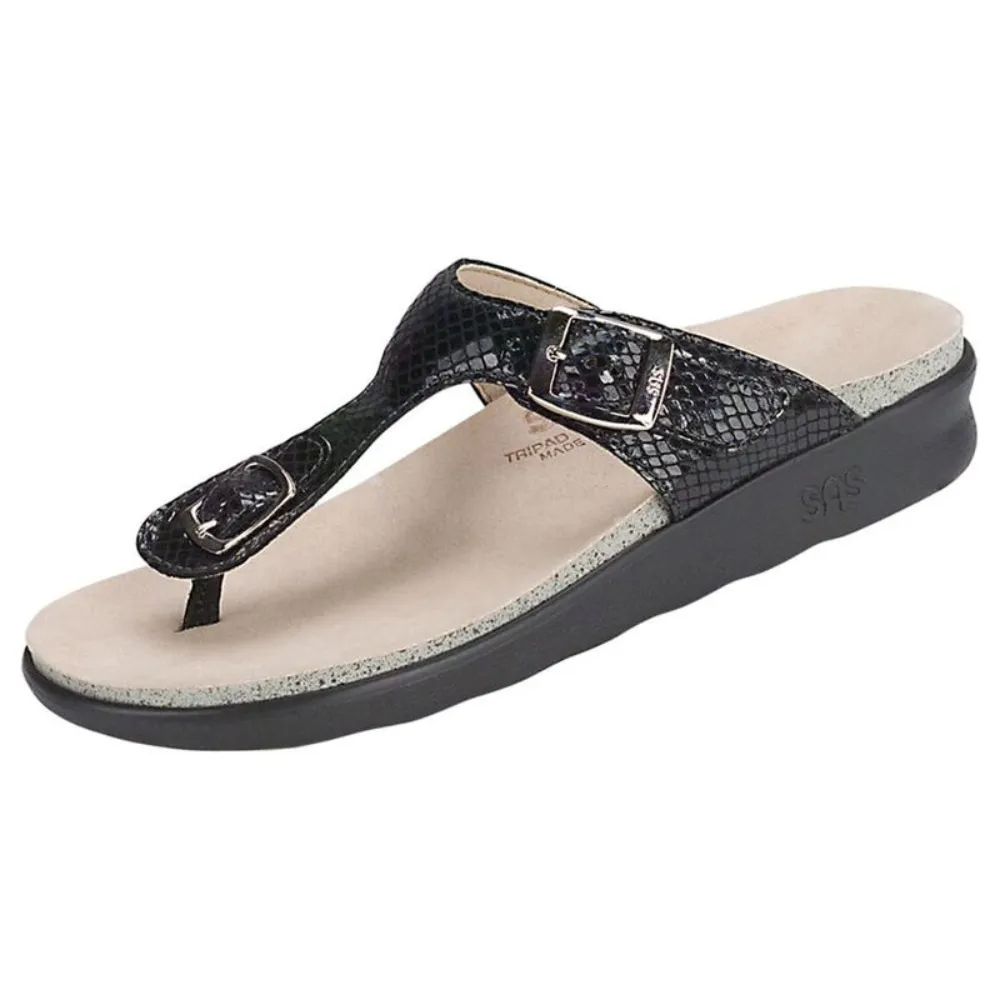 SAS Sanibel T-Strap Black Snake Slide Sandal (Women's)