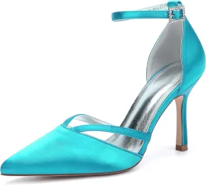 Satin Ankle Strap Stiletto Heels Wedding Sandals Open Toe Heels for Bride Women Dress Pointed Toe Shoes