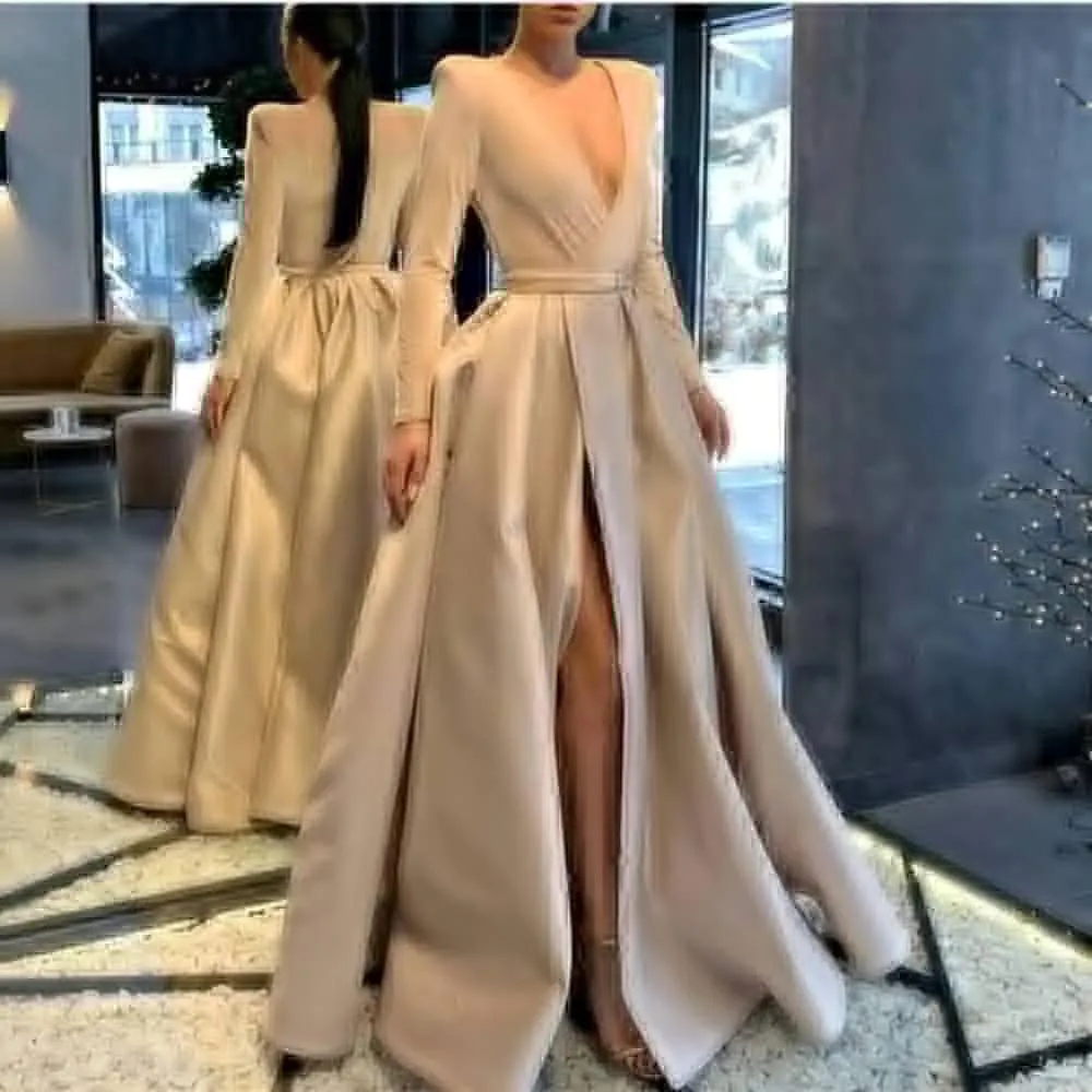Satin Ball Gowns Prom Dress Long Sleeve V Neck A Line for Women Formal Evening Dresses with Pockets