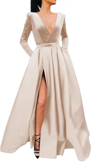Satin Ball Gowns Prom Dress Long Sleeve V Neck A Line for Women Formal Evening Dresses with Pockets