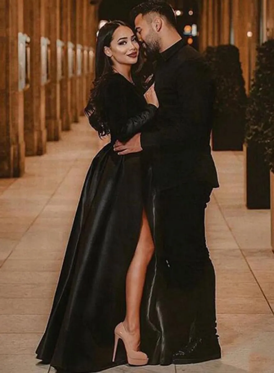 Satin Ball Gowns Prom Dress Long Sleeve V Neck A Line for Women Formal Evening Dresses with Pockets