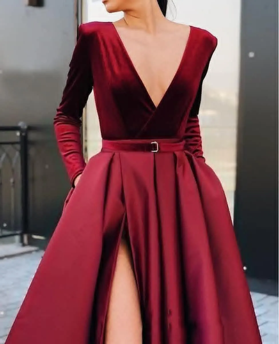 Satin Ball Gowns Prom Dress Long Sleeve V Neck A Line for Women Formal Evening Dresses with Pockets