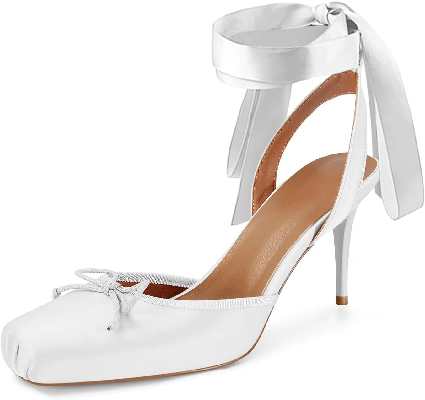 Satin Ballet Heels for Women with Bow Square Toe Ballerina Stiletto Heels Lace Up High Heel Slingback Pumps Strappy Mary Janes Cute Elegant Party Shoes