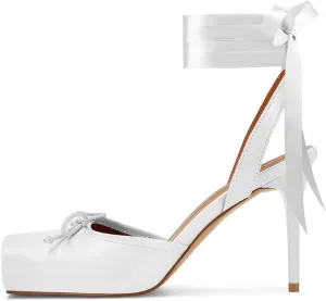 Satin Ballet Heels for Women with Bow Square Toe Ballerina Stiletto Heels Lace Up High Heel Slingback Pumps Strappy Mary Janes Cute Elegant Party Shoes
