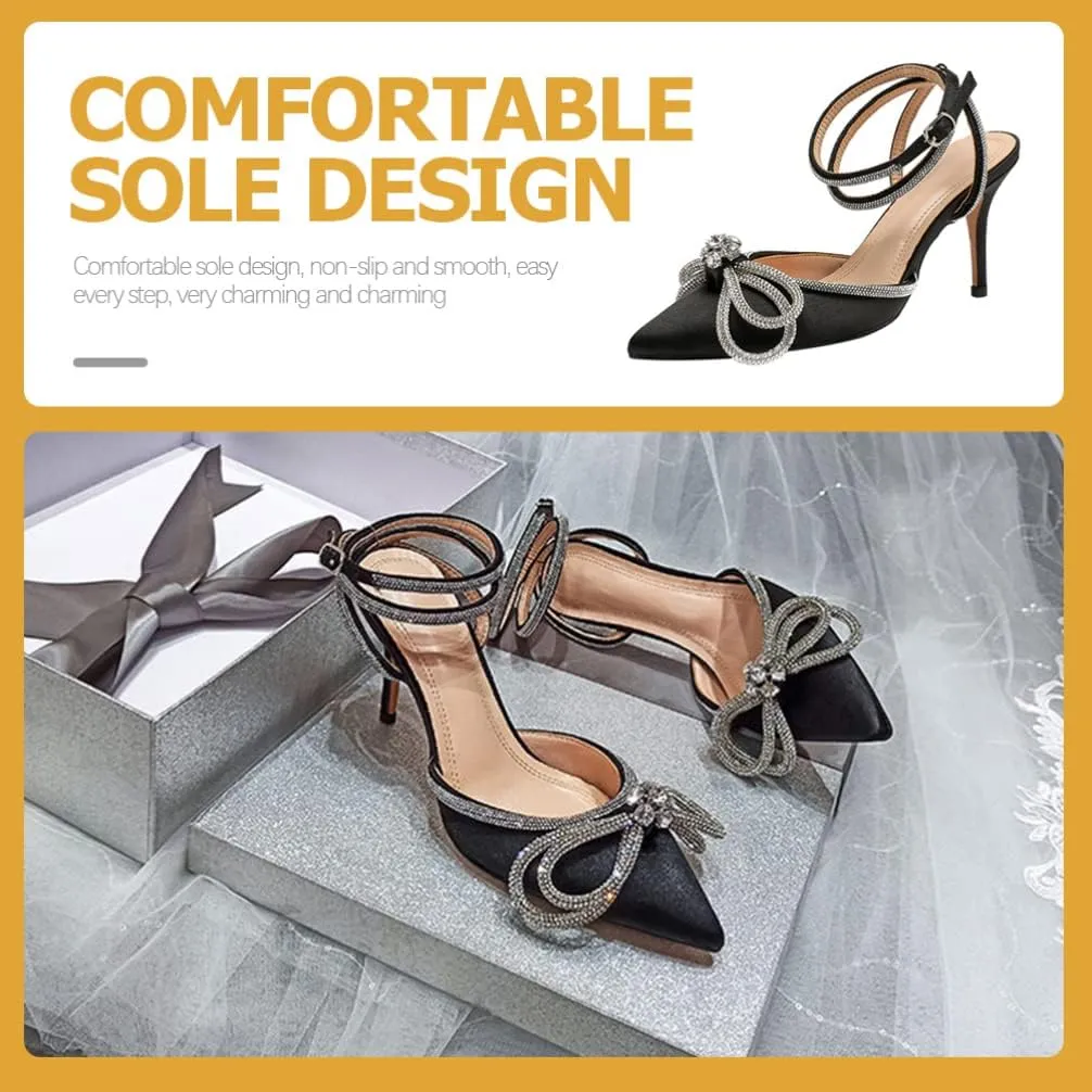 Satin Dresses Satin High Heel Rhinestone Bow Pointed Toe Low Stiletto Buckle Ankle Strap Pumps Wedding Evening Dress Kitten Heel Sandal Chunky Sandals