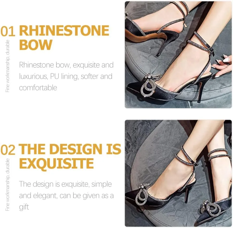 Satin Dresses Satin High Heel Rhinestone Bow Pointed Toe Low Stiletto Buckle Ankle Strap Pumps Wedding Evening Dress Kitten Heel Sandal Chunky Sandals