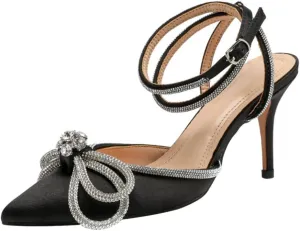 Satin Dresses Satin High Heel Rhinestone Bow Pointed Toe Low Stiletto Buckle Ankle Strap Pumps Wedding Evening Dress Kitten Heel Sandal Chunky Sandals