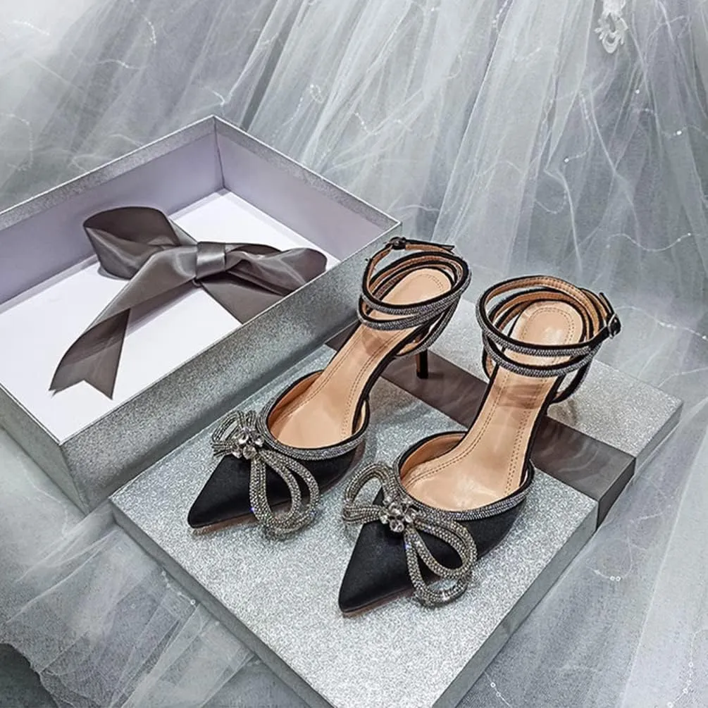 Satin Dresses Satin High Heel Rhinestone Bow Pointed Toe Low Stiletto Buckle Ankle Strap Pumps Wedding Evening Dress Kitten Heel Sandal Chunky Sandals