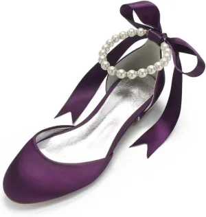 Satin Flats Wedding Shoes Closed Toe Women Pearl Sandals Ankle Strap Bride for Classic Wedding & Party Dress Shoes