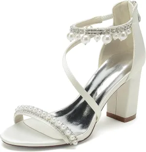 Satin Pearls Block Heel Wedding Shoes for Bride Open Toe Zipper Back Women Chunky Heels Formal Party Dress Heeled Sandals 8.5Cm