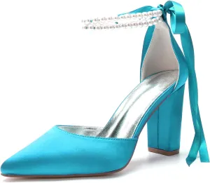 Satin Pointed Toe Wedding Heels 9CM Pearl Ankle Buckle Block Shoes Bridal Pumps Bowknot Strap Sandals Evening Party Dress Slip-On,Blue Green,6