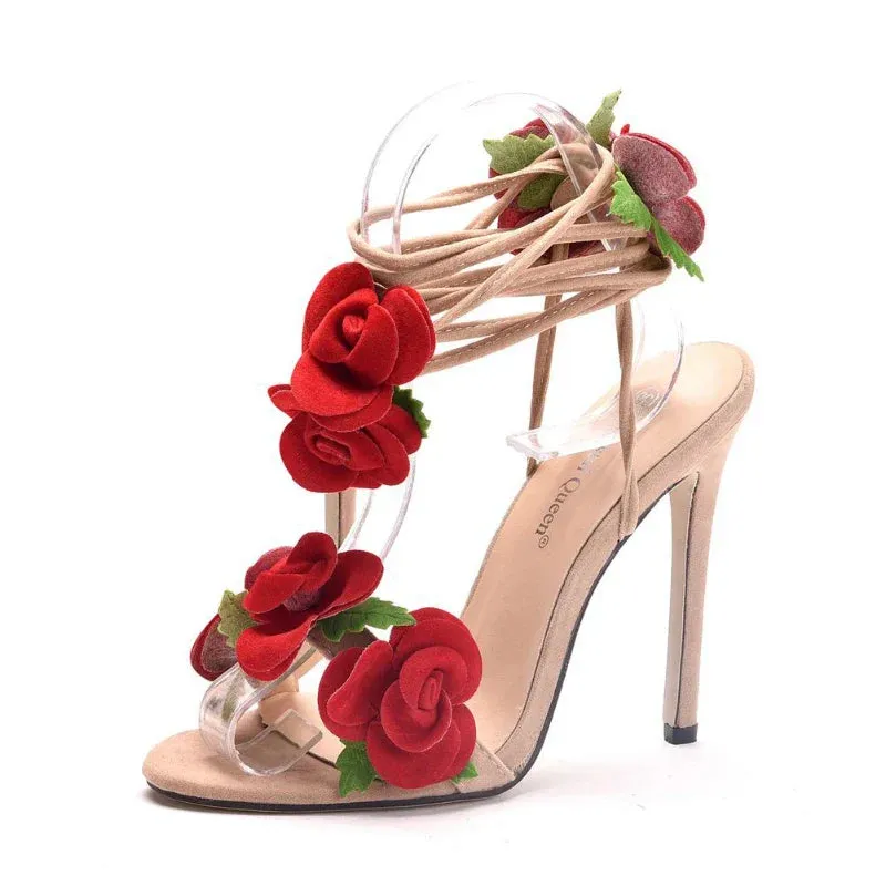 Satin Rose Design High Heel Strappy Wedding Shoes