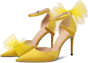 Satin Yellow Heels for Women Closed Toe Heels Satin Pumps with Bow Pointed Toe Ankle Strap Dress Wedding Satin Heels US 11