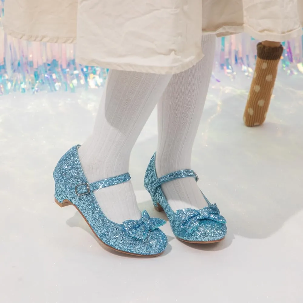 Sawimlgy Girls Sparkle Dress Shoes Toddler Glitter Princess Heels Kids Bows Mary Jane Girl Shoes for Wedding Party Dance Costume Easter