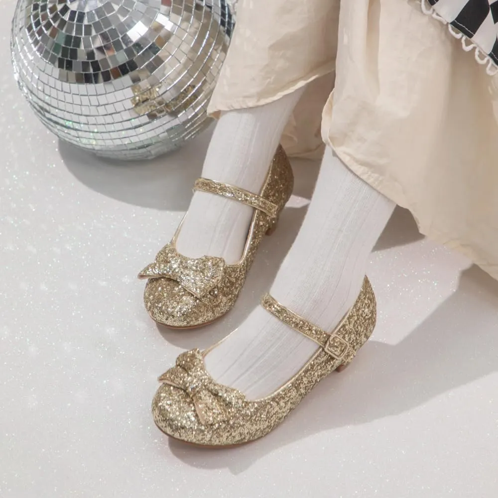 Sawimlgy Girls Sparkle Dress Shoes Toddler Glitter Princess Heels Kids Bows Mary Jane Girl Shoes for Wedding Party Dance Costume Easter