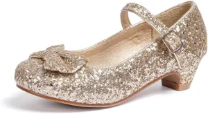 Sawimlgy Girls Sparkle Dress Shoes Toddler Glitter Princess Heels Kids Bows Mary Jane Girl Shoes for Wedding Party Dance Costume Easter