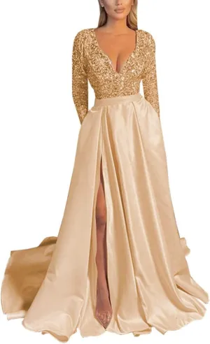 Sequin Ball Gowns Long Sleeve Prom Dress V Neck Satin A-Line for Women Formal Evening Dresses with Pockets