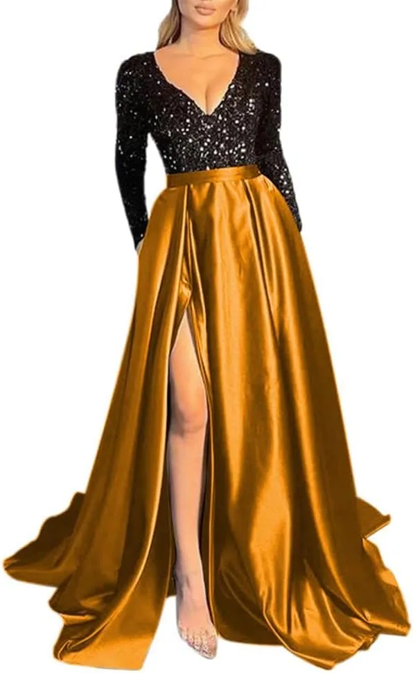 Sequin Ball Gowns Long Sleeve Prom Dress V Neck Satin A-Line for Women Formal Evening Dresses with Pockets