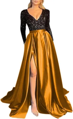 Sequin Ball Gowns Long Sleeve Prom Dress V Neck Satin A-Line for Women Formal Evening Dresses with Pockets
