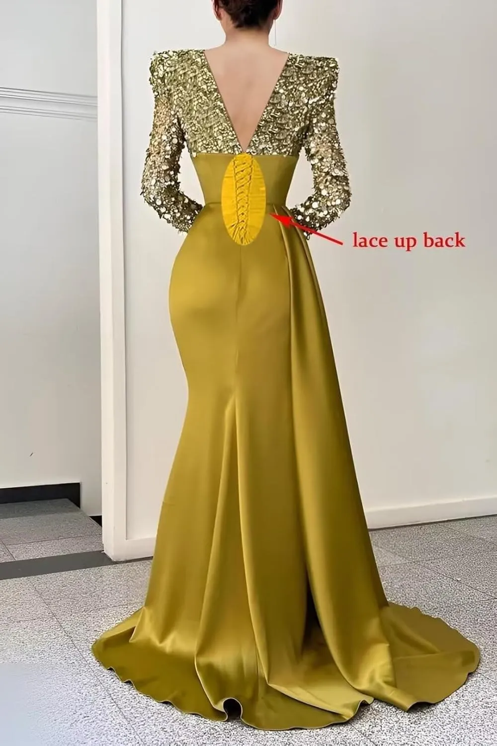 Sequin Ball Gowns Long Sleeve V Neck Satin Mermaid Prom Dress for Women Formal Evening Dresses with High Slit