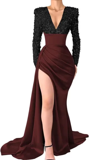 Sequin Ball Gowns Long Sleeve V Neck Satin Mermaid Prom Dress for Women Formal Evening Dresses with High Slit