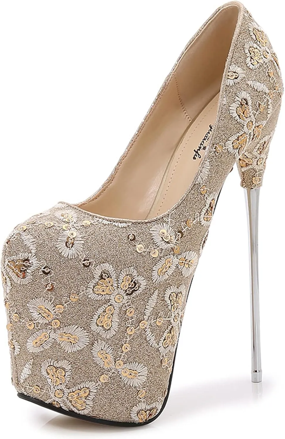 Sexy 19CM Hate Sky High Heels Stiletto Lace Sequins Red Large Size Silver Wedding Shoes,Gold,11