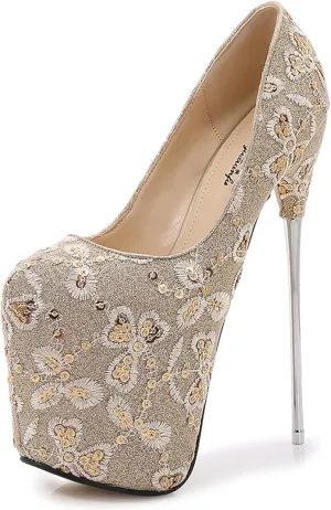 Sexy 19CM Hate Sky High Heels Stiletto Lace Sequins Red Large Size Silver Wedding Shoes,Gold,11