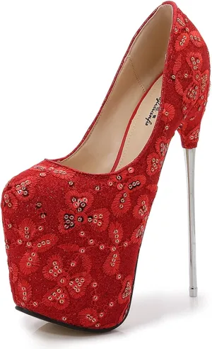 Sexy 19CM Hate Sky High Heels Stiletto Lace Sequins Red Large Size Silver Wedding Shoes,Red,11