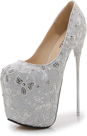 Sexy 19CM Hate Sky High Heels Stiletto Lace Sequins Red Large Size Silver Wedding Shoes,Silver,16