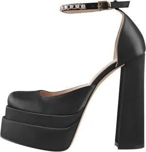 sexytag Women's Platform Heels Ankle Strap Rhinestone Crystal Sandals Square Toe Chunky High Heel Pumps