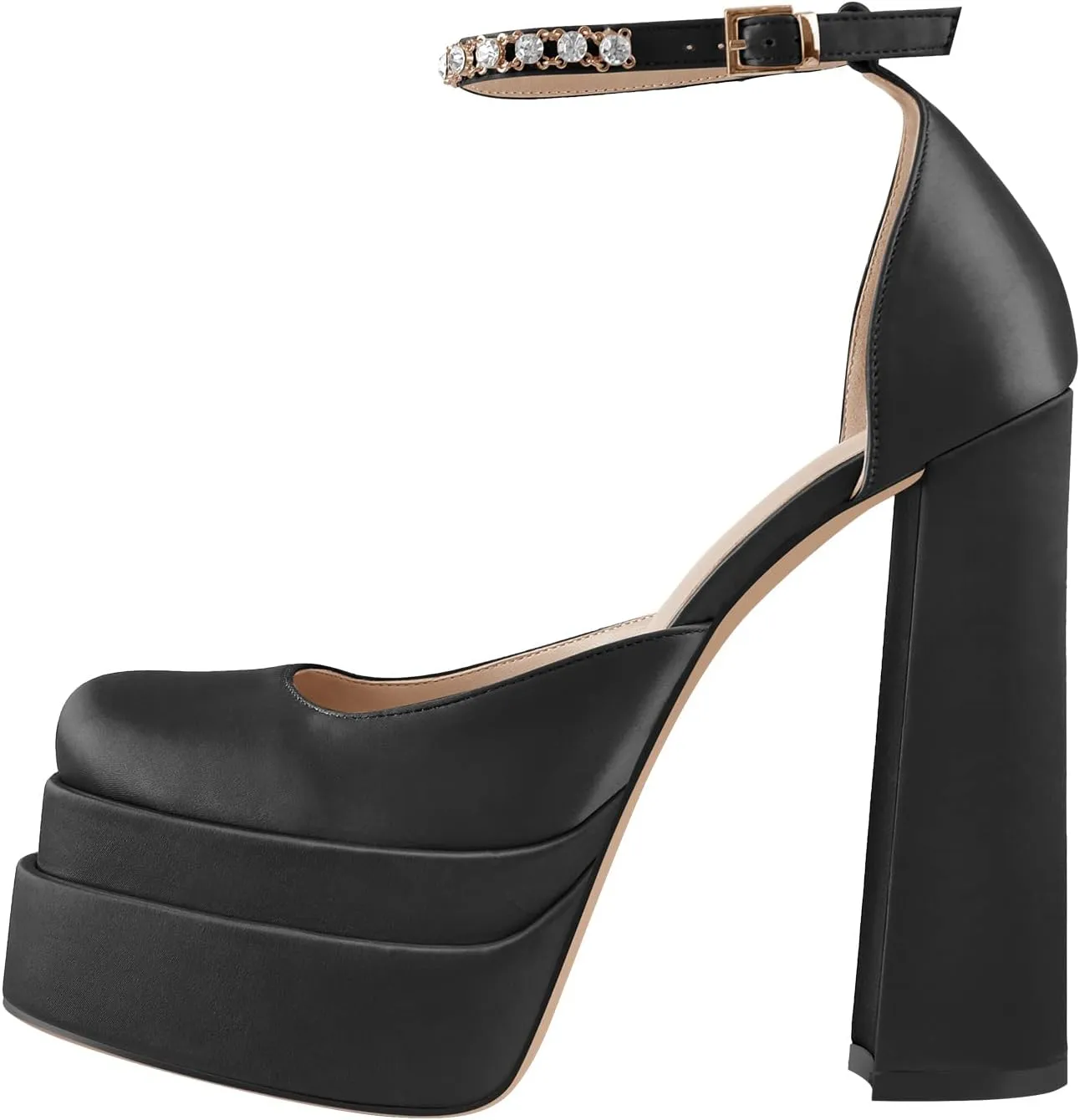 sexytag Women's Platform Heels Ankle Strap Rhinestone Crystal Sandals Square Toe Chunky High Heel Pumps