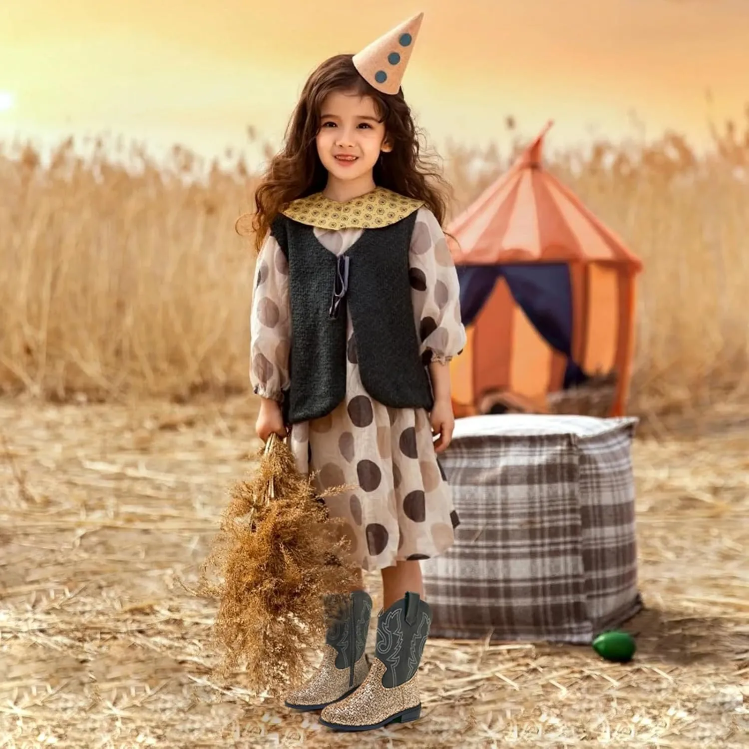 sharllen Kids Girls Cowgirl Boots Western Glitter Cowboy Boot Unisex-Child Mid-Calf Pointed-Toe Toddler Cowboy Boot Little Kids Big Kid Horse Riding Shoes Party Birthday Dress Up