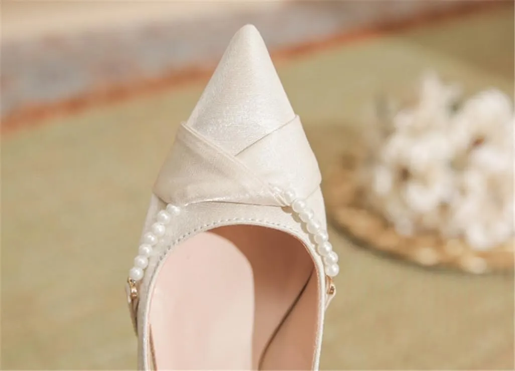 Sharp Head Fine Heel Satin Pearl Buckle Decoration Buckle Hundred Matching Commuter 5cm/1.97in High Heels Female