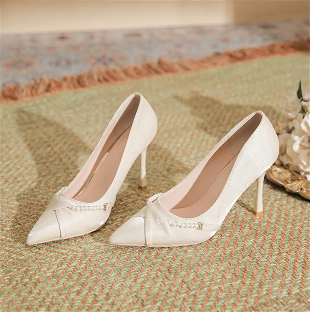 Sharp Head Fine Heel Satin Pearl Buckle Decoration Buckle Hundred Matching Commuter 5cm/1.97in High Heels Female